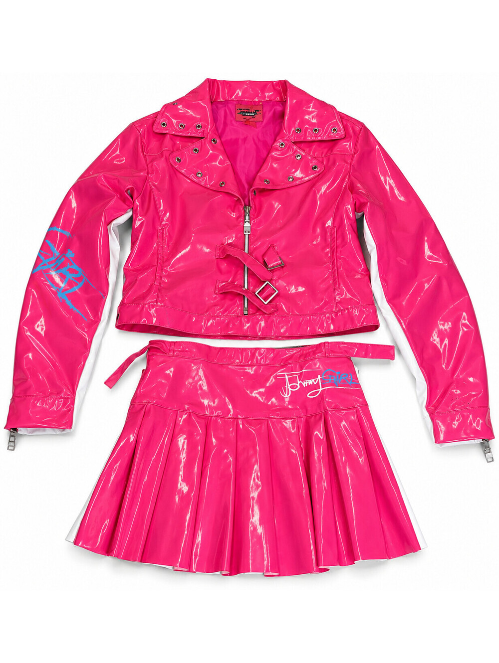 Johnny Girl Vintage Y2K Pink White Vinyl Jacket Skirt Set XL